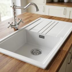 GraniteMy Vesi granieten opbouw witte spoelbak 86x50cm met afdruip omkeerbaar met rvs plug 1208967291